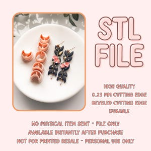 Può includere: File STL per la stampa 3D di un paio di orecchini. Gli orecchini sono realizzati in argilla polimerica nera con dettagli in foglia d'oro e fiori rosa. Il file è di alta qualità con un bordo di taglio di 0,25 mm e un bordo di taglio smussato. Non viene spedito alcun articolo fisico, solo il file digitale.