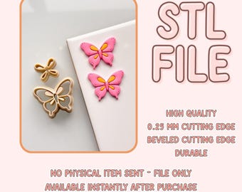 May include: Three pink butterfly cookie cutters on a white surface. The cutters are 0.25 mm thick with a beveled cutting edge. STL file.
