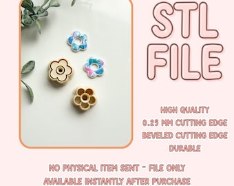 May include: STL file download for 3D printing of four flower-shaped cookie cutters. The cutters are white and have a beveled cutting edge. The text "STL FILE" is in pink and white.