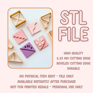 May include: A collection of pink and purple envelope-shaped cookie cutters with various designs, plus geometric shapes. The image features the text "STL FILE" and specifications about the cutting edge.