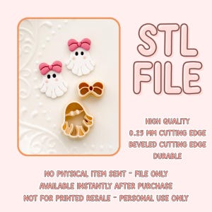 May include: An image featuring ghost and bow-shaped cookie cutters and finished cookies. The text on the image reads "STL FILE", "HIGH QUALITY", "0.25 MM CUTTING EDGE", "BEVELED CUTTING EDGE", and "DURABLE". The image also states "NO PHYSICAL ITEM SENT - FILE ONLY".