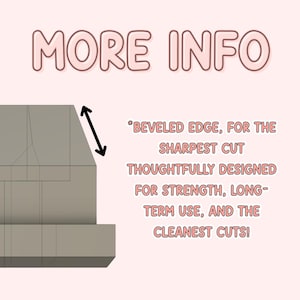 May include: A close-up of a gray metal tool with a beveled edge. The text *BEVELED EDGE, FOR THE SHARPEST CUT THOUGHTFULLY DESIGNED FOR STRENGTH, LONG-TERM USE, AND THE CLEANEST CUTS!* is written in pink text on a light pink background.