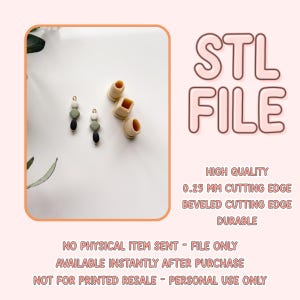Könnte beinhalten: Ein Bild mit zwei Paar Ohrringen mit grünen, weißen und schwarzen Perlen sowie drei beigefarbenen quadratischen und runden Ausstechern. Der Text "STL FILE" wird zusammen mit Details zur Qualität und Verwendung der Datei angezeigt.