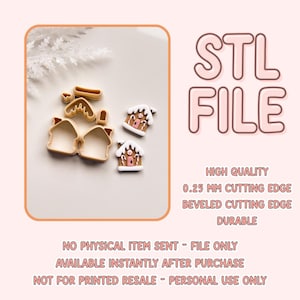 May include: An image of gingerbread house cookie cutters and decorated gingerbread cookies. The image also includes the text "STL FILE" and details about the cutting edge and file usage.