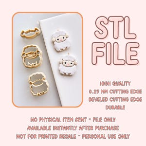 May include: A digital download of STL files for 3D printing of sheep cookie cutters. The image shows three different sizes of sheep cookie cutters, with a white background.