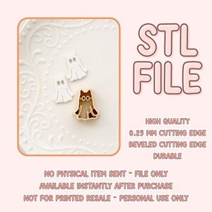 Puede incluir: Imagen de un archivo STL para cortadores de galletas con forma de gato y fantasmas. El gato es marrón y beige, y los fantasmas son blancos. El texto de la imagen dice "STL FILE", "HIGH QUALITY" y "DURABLE".