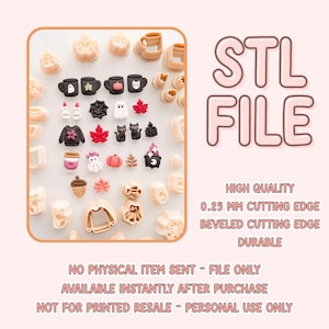 Peut inclure: Une collection d'emporte-pièces imprimés en 3D en beige, noir, blanc, rouge et rose, avec des formes comme des tasses, des fantômes, des chats, des citrouilles et des feuilles. Texte : STL FILE, HIGH QUALITY, 0.25 MM CUTTING EDGE, BEVELED CUTTING EDGE, DURABLE.