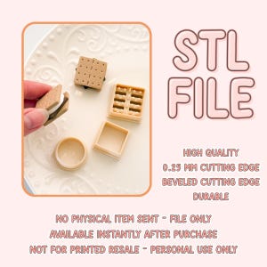 May include: An assortment of miniature food-themed 3D printing models, including a waffle, a cracker, and a round container. The image also includes the text "STL FILE" and details about the file's quality and usage.
