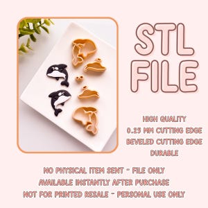 Op de afbeelding: STL-bestand voor 3D-printen van een set koekjesvormen. De vormen zijn in de vorm van orka's en dolfijnen. Het bestand is van hoge kwaliteit met een snijrand van 0,25 mm en een afgeschuinde snijrand. Het bestand is direct na aankoop beschikbaar. Het is alleen voor persoonlijk gebruik en niet voor wederverkoop.