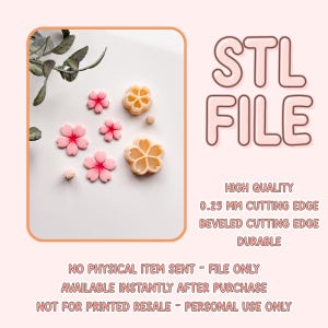 Puede incluir: Imagen de varios objetos con forma de flor rosa y amarilla, posiblemente cortadores de galletas o moldes, dispuestos sobre una superficie blanca. El texto "STL FILE" se muestra, junto con detalles sobre la calidad y el borde de corte.