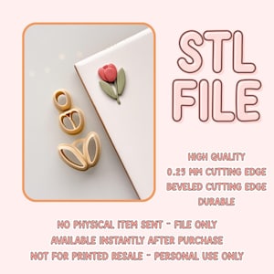 May include: STL file download for a 3D printable cookie cutter set featuring a tulip and leaves. The cutters are made with a high-quality, 0.25 mm cutting edge and a beveled cutting edge for clean cuts. The file is available instantly after purchase.
