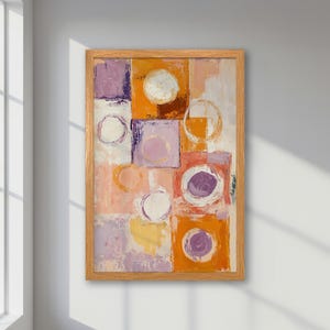 Póster abstracto enmarcado: arte geométrico de pared en tonos pastel naranja, morado y rosa con formas minimalistas. Decoración moderna para el hogar, regalo para amantes del arte.
