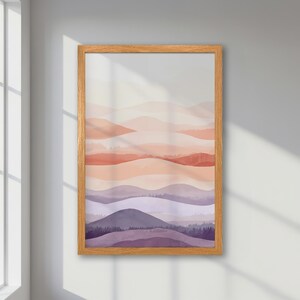Póster abstracto enmarcado: paisaje montañoso pastel en tonos morados, rosas y beige. Impresión en tonos neutros. Arte minimalista moderno. Decoración contemporánea para el hogar.