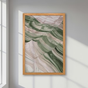 Elegante póster abstracto enmarcado - Arte fluido verde y rosa con tonos pastel y suaves - Impresión minimalista - Decoración de dormitorio - Regalo para ella