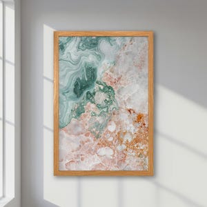 Arte fluido elegante: póster abstracto enmarcado, arte mural moderno en tonos pastel en verde, rosa y naranja, arte mural neutro, decoración del hogar, regalo para un amigo.
