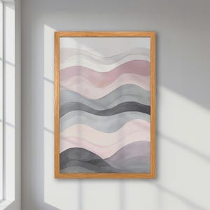 Póster abstracto enmarcado: impresión de ondas de acuarela pastel en gris, azul y rosa. Arte paisajístico minimalista, decoración de dormitorio, idea de regalo.
