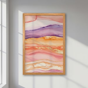 Póster abstracto enmarcado - Arte contemporáneo, naranja pastel, rosa y morado, estampado fluido con detalles dorados, elegante decoración de pared para dormitorio.