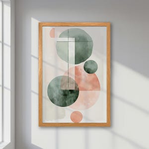 Póster abstracto enmarcado: impresión en tonos pastel, arte geométrico sencillo en verde y rosa, decoración de oficina minimalista en tonos suaves, idea de regalo.