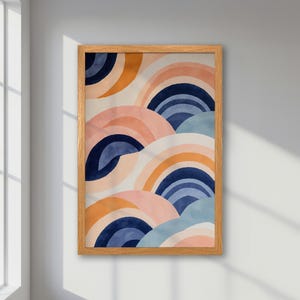 Póster abstracto enmarcado: arte bohemio moderno, azul, rosa y naranja con formas redondas, impresión en tonos pastel para una elegante decoración de oficina y como regalo.