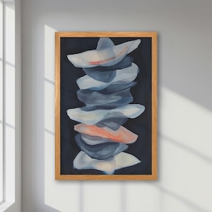 Póster abstracto enmarcado: arte minimalista moderno en azul pastel, gris y rosa, estilo bohemio, impresión en paleta neutra para decorar la sala de estar.