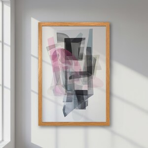Póster abstracto enmarcado: arte minimalista en tonos pastel con formas geométricas en rosa, gris y azul. Impresión contemporánea, regalo para decoración de oficina.