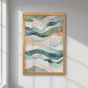 Póster abstracto enmarcado con olas en tonos pastel, verde, azul y rosa. Impresión de acuarela de paisaje marino. Arte minimalista moderno. Regalo para la decoración de tu dormitorio.
