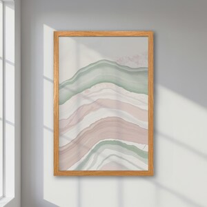 Póster abstracto enmarcado: arte moderno en tonos pastel rosa y verde, arte mural para oficina, decoración minimalista contemporánea, regalo para amantes del arte.
