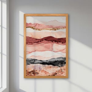Montañas abstractas en tonos rosa pastel, rojo y beige - Póster abstracto enmarcado - Arte minimalista moderno, arte mural desértico para decoración bohemia, regalo elegante