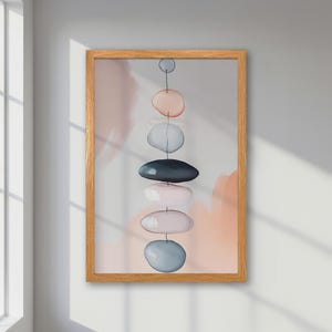 Póster abstracto enmarcado: arte geométrico minimalista en tonos pastel gris, rosa y melocotón. Decoración de oficina, obra de arte moderna, elegante idea de regalo navideño.