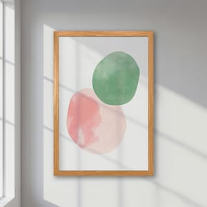 Póster abstracto enmarcado en tonos pastel: decoración minimalista en rosa y verde, impresión en paleta suave, arte bohemio moderno, regalo para amigos.