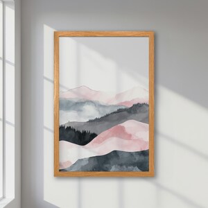 Paisaje pastel rosa y gris - Póster abstracto enmarcado, impresión de montañas en acuarela, arte moderno minimalista - Decoración artística, regalo para ella