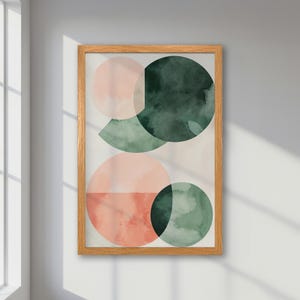 Póster abstracto enmarcado: Elegancia geométrica en verde pastel y rosa, arte moderno. Impresión en paleta de colores suaves y modernos para decoración minimalista.