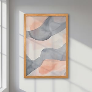 Póster abstracto enmarcado - Arte de acuarela gris y rosa - Impresión moderna en tonos pastel - Arte en paleta suave, decoración de oficina en colores neutros - Regalo para ella