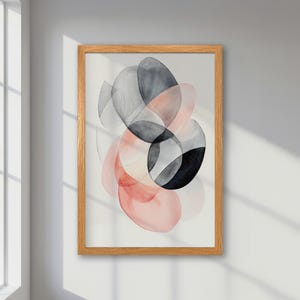 Póster abstracto enmarcado: arte moderno de acuarela con círculos en rosa, negro y gris. Arte minimalista para pared de oficina, decoración con estética pastel.
