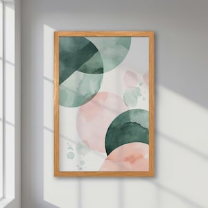 Póster abstracto enmarcado: arte verde pastel y rosa, impresión geométrica de acuarela con círculo, arte mural moderno, decoración bohemia moderna para el hogar.