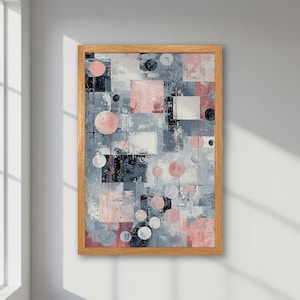 Póster abstracto enmarcado - Arte geométrico pastel en gris y rosa - Impresión minimalista de estilo contemporáneo, decoración de dormitorio, regalo perfecto para inauguración de la casa.
