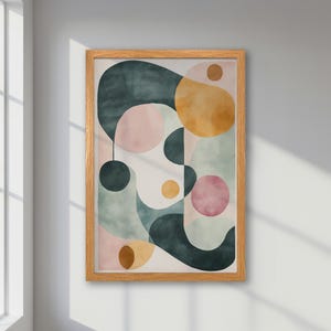 Póster abstracto enmarcado - Impresión de estilo de mediados de siglo con arte geométrico pastel en verde, rosa y naranja - Decoración minimalista - Idea de regalo moderna