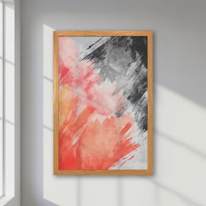 Póster abstracto enmarcado: impresión moderna y llamativa en tonos pastel rojo, gris y rosa. Arte minimalista. Ideal para decoración de oficina y como regalo.