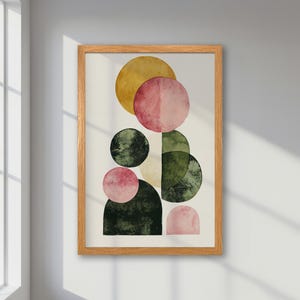 Póster abstracto moderno enmarcado: arte geométrico llamativo en verde pastel, rosa y amarillo. Impresión minimalista, arte de pared bohemio chic, regalo decorativo de moda.