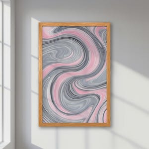 Póster abstracto enmarcado: impresión moderna con remolinos rosas y grises de estilo fluido. Obra de arte moderna, regalo de arte contemporáneo para decoración creativa de oficinas.