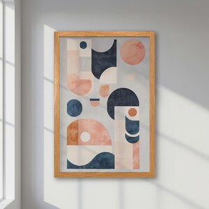 Póster abstracto enmarcado: formas geométricas en azul pastel y rosa. Impresión artística contemporánea. Decoración de oficina moderna. Arte mural estético. Idea de regalo.