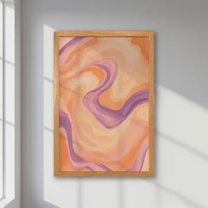 Remolinos pastel suaves: póster abstracto enmarcado, arte minimalista moderno en naranja y morado, impresión en tonos rosa de moda, decoración de oficina bohemia y chic.