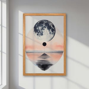 Paisaje oceánico iluminado por la luna - Póster abstracto enmarcado - Impresión en tonos pastel suaves, rosa y azul - Decoración elegante, arte artístico de paisaje de nubes, regalo para él