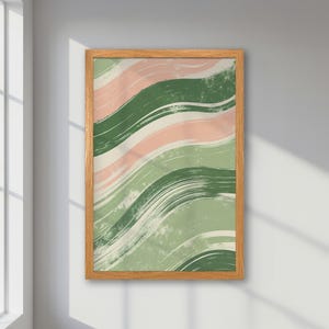 Olas en rosa pastel y verde: póster abstracto enmarcado, arte moderno minimalista, arte mural moderno, decoración de oficina, impresión enrollable, idea de regalo