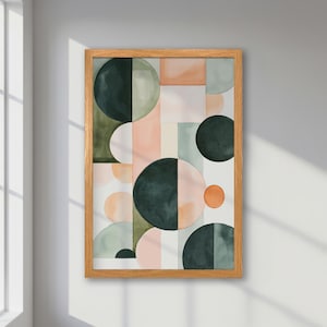 Póster abstracto enmarcado con formas geométricas pastel, impresión de círculos verdes, rosas y naranjas. Decoración moderna de oficina, regalo navideño único.