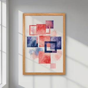 Póster abstracto enmarcado: arte geométrico pastel de moda en rosa, azul y rojo. Decoración minimalista contemporánea, arte mural elegante, regalo creativo.