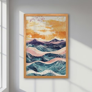 Póster abstracto enmarcado - Olas del océano en tonos pastel - Naranja, azul, rosa - Arte marino moderno para decorar el dormitorio - Obra de arte de moda, regalo para ella