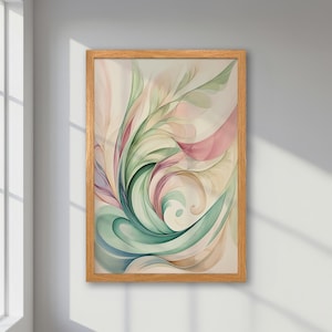 Póster abstracto enmarcado, paleta de colores pastel con remolinos en tonos verde, rosa y beige. Impresión moderna en colores suaves. Decoración minimalista para amantes del arte.