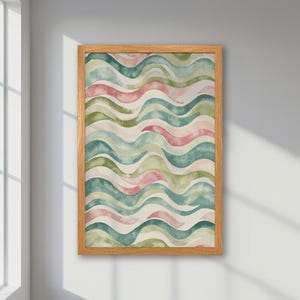 Olas verdes y rosas - Póster abstracto enmarcado - Arte bohemio de olas en tonos pastel - Obra de arte moderna - Decoración del hogar con estética tranquila - Idea de regalo