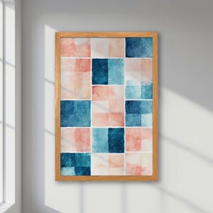 Póster abstracto enmarcado: impresión en acuarela en rosa pastel y azul, regalo de moda para ella, arte minimalista, decoración moderna de estilo bohemio.
